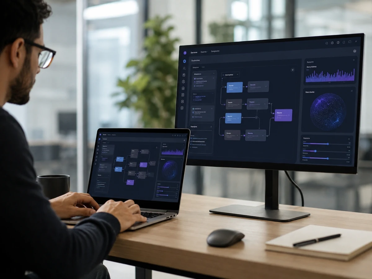 Sviluppatore Wenexia al lavoro su un software AI custom con dashboard, workflow e moduli operativi