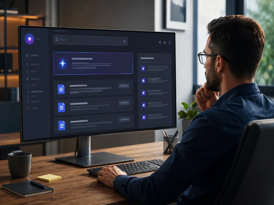 Persona che interroga una knowledge base aziendale AI su monitor desktop