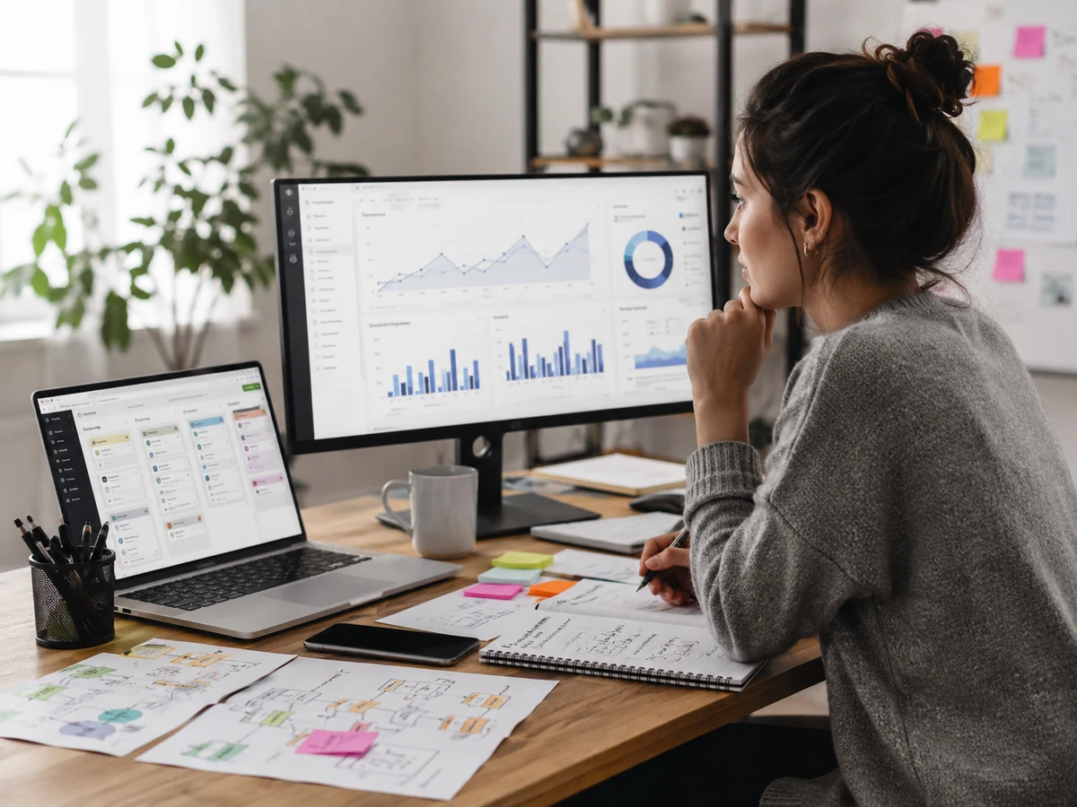 Marketing manager al lavoro su dashboard analytics, contenuti e piano editoriale AI driven