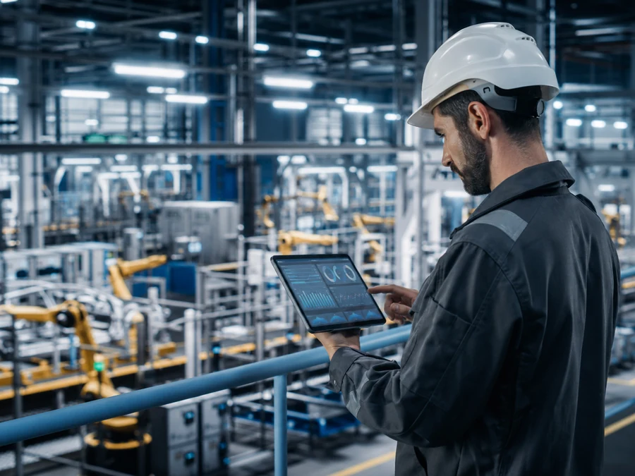 Tecnico in stabilimento produttivo che consulta una dashboard operativa su tablet