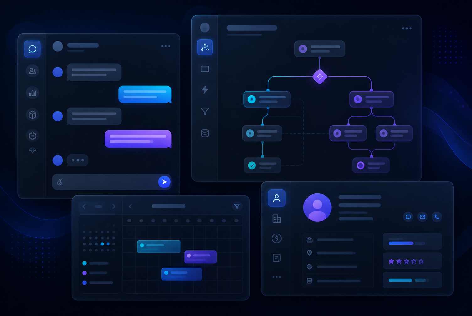 Mockup software: pannelli di chat, flusso decisionale, calendario e scheda CRM connessi