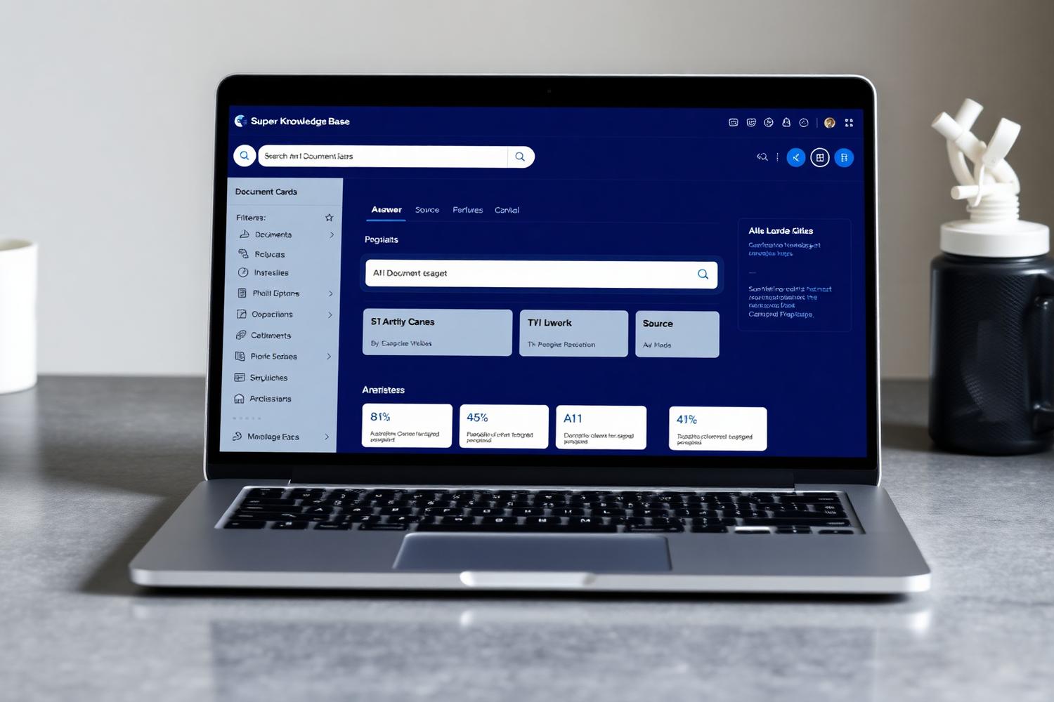 Mockup di Knowledge Base con barra di ricerca, documenti, filtri, risposta AI e riferimenti alle fonti