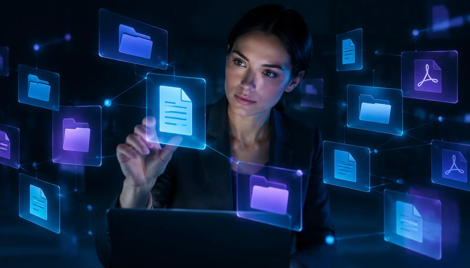 Professionista che organizza cartelle e documenti digitali collegati in una rete di conoscenza aziendale