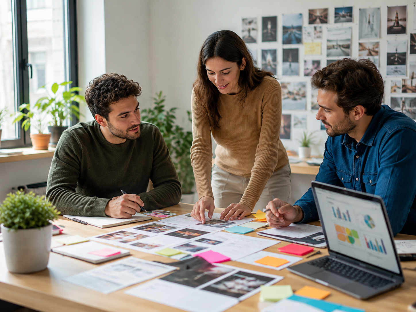 Team marketing collabora attorno a piano contenuti, campagne e analytics in un ambiente luminoso