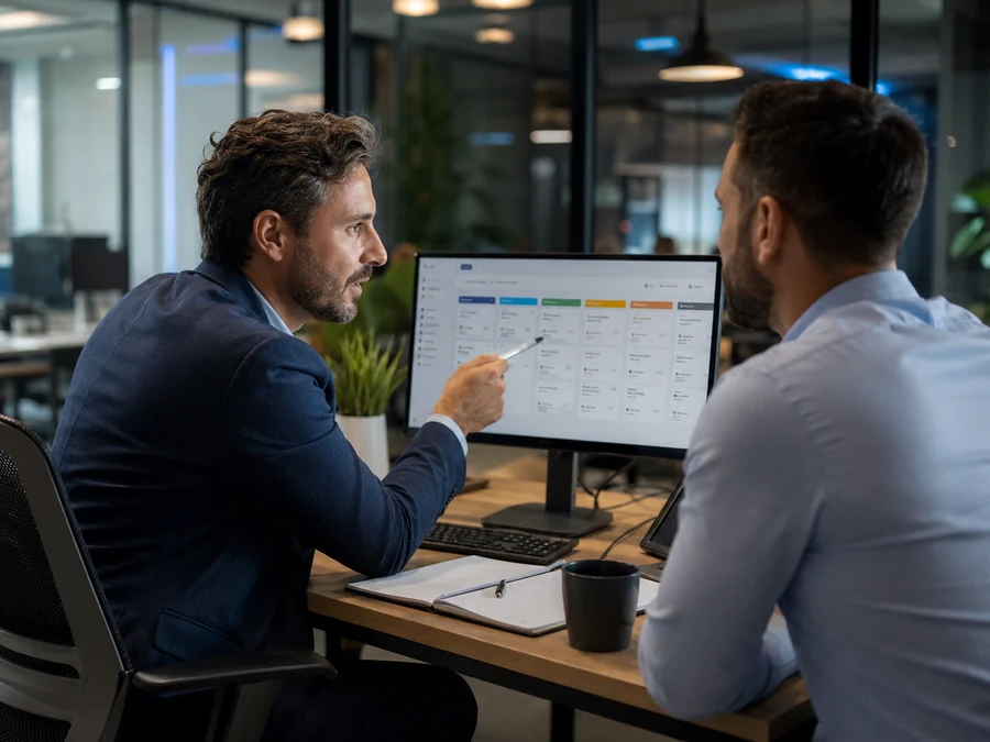 Account manager B2B che rivede la pipeline commerciale su CRM insieme al cliente