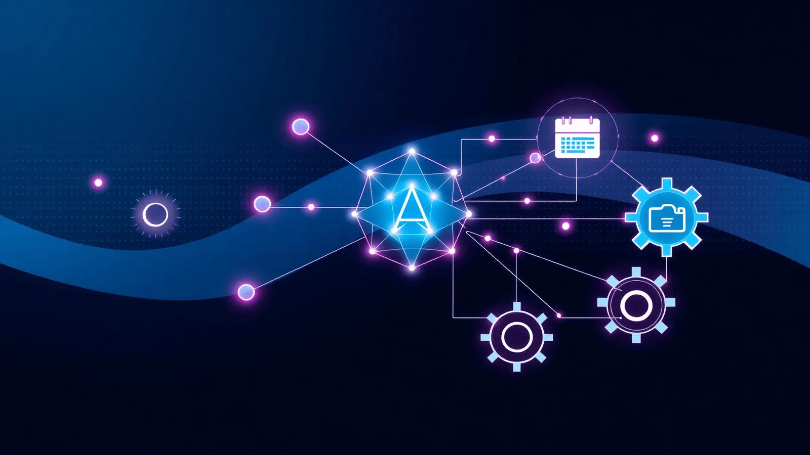 Visualizzazione astratta di un AI Agent collegato a CRM, calendario, documenti e workflow aziendali