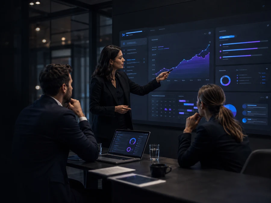 Marketing manager che presenta analytics e piano editoriale su grande schermo