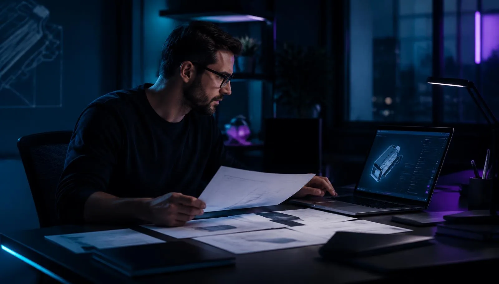 Tecnico commerciale che prepara un preventivo complesso con documenti e configuratore di prodotto sul laptop