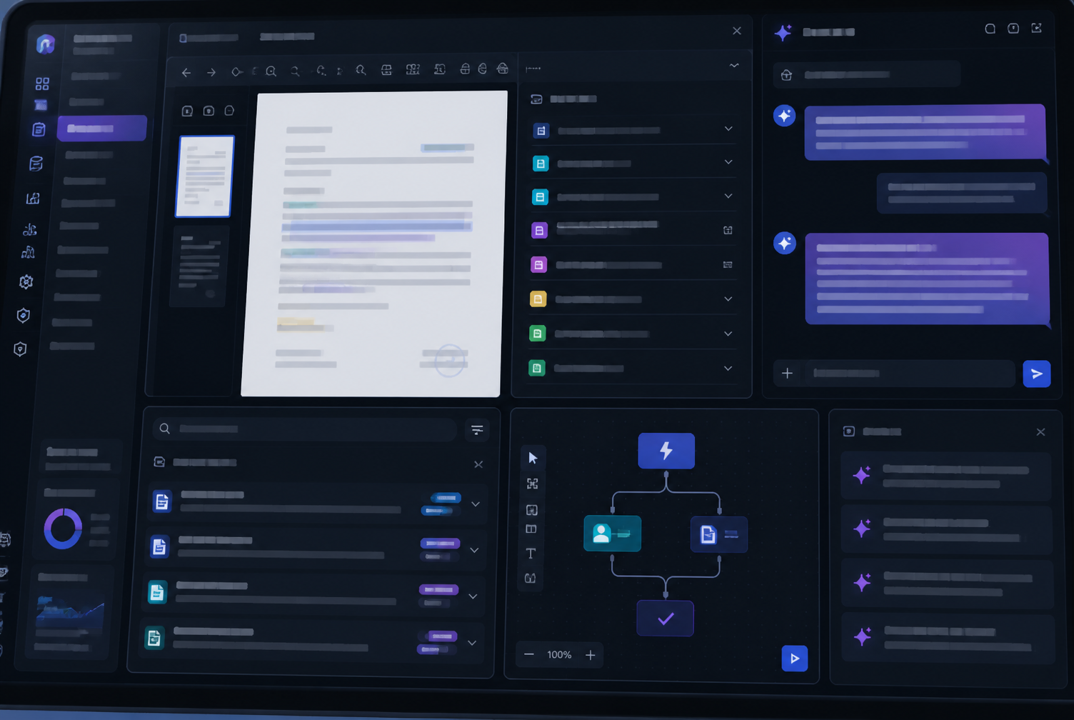 Mockup di software aziendale con visualizzatore documenti, ricerca knowledge base, workflow e pannello assistente AI