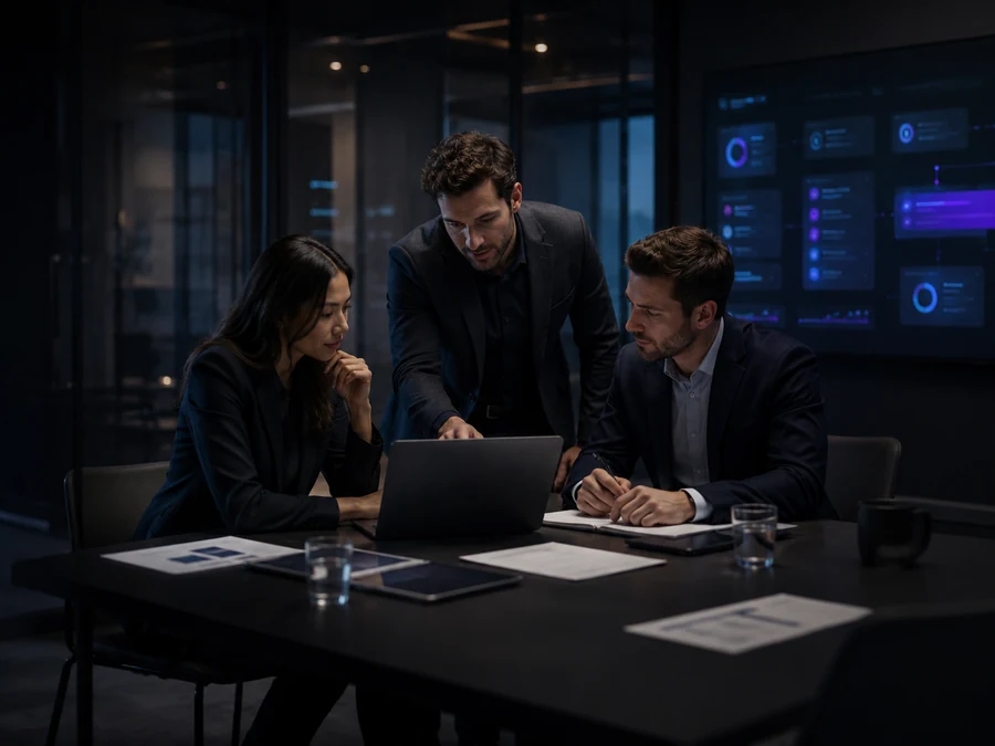 Team aziendale che consulta insieme documenti e workflow interni