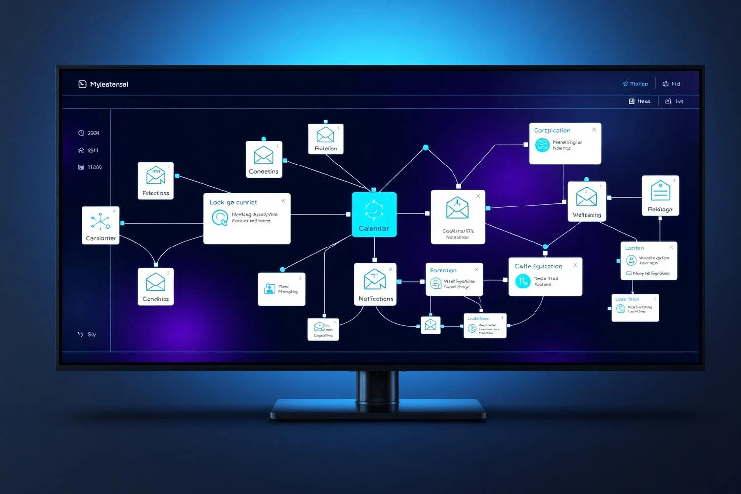 Mockup di flusso CRM con trigger, condizioni, email, calendario e notifiche