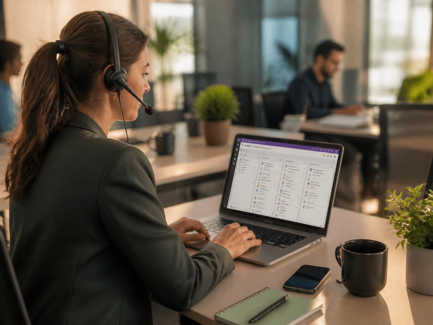 Account manager al desk lavora su CRM e pipeline commerciale, con team commerciale in background