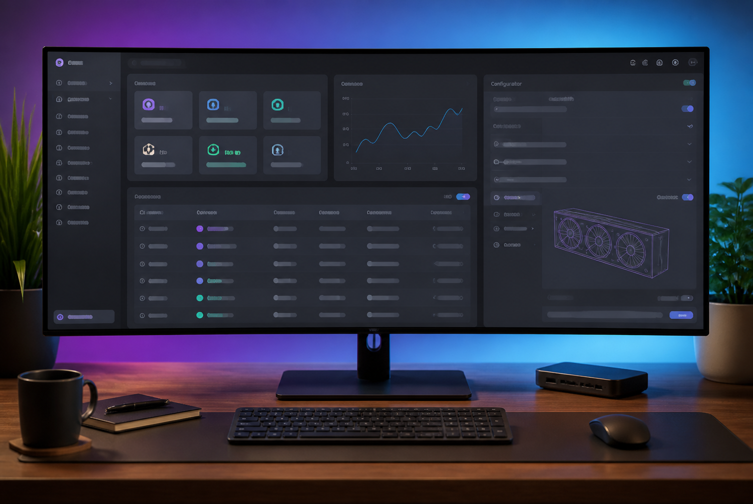 Interfaccia software custom su schermo: dashboard, moduli operativi e configuratore con assistente integrato