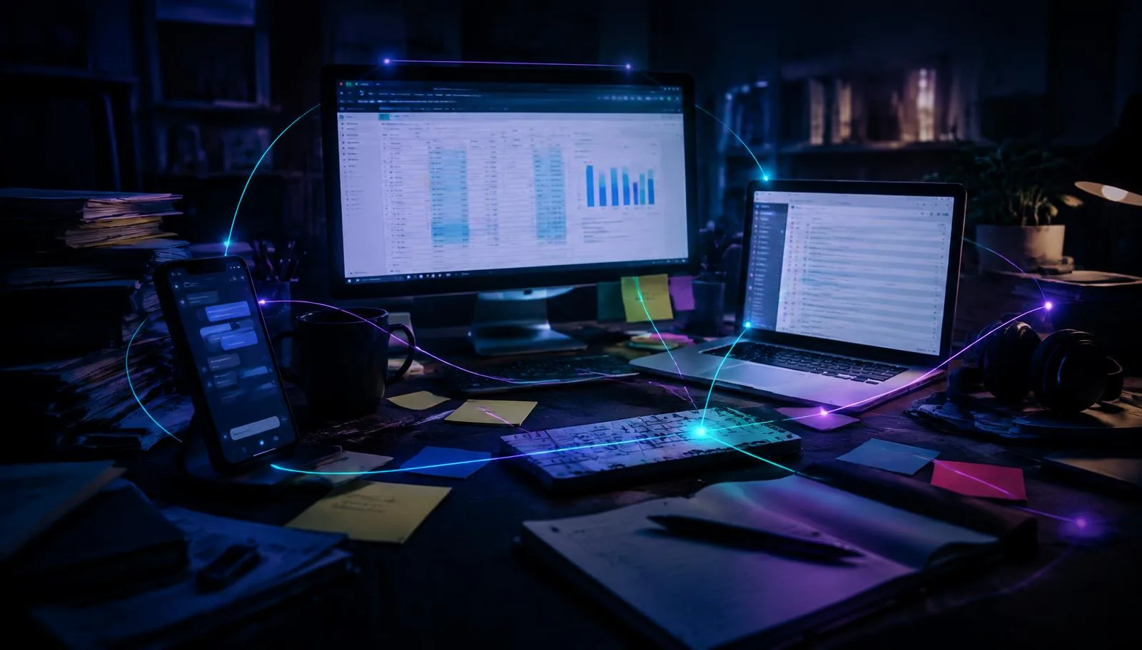 Scrivania con smartphone, fogli di calcolo, email e post-it collegati da linee luminose che rappresentano un processo frammentato
