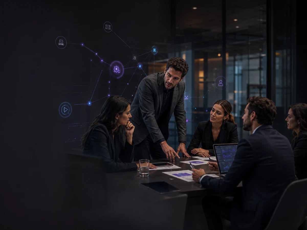 Consulente Wenexia con team cliente durante una sessione di strategia con visual di ecosistema digitale