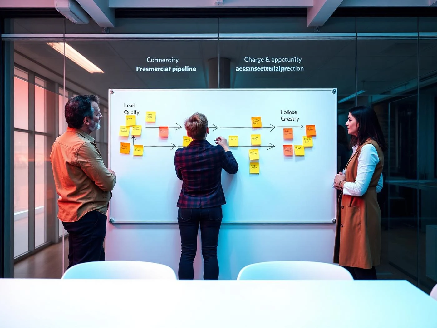 Team che analizza una pipeline commerciale su lavagna con sticky note