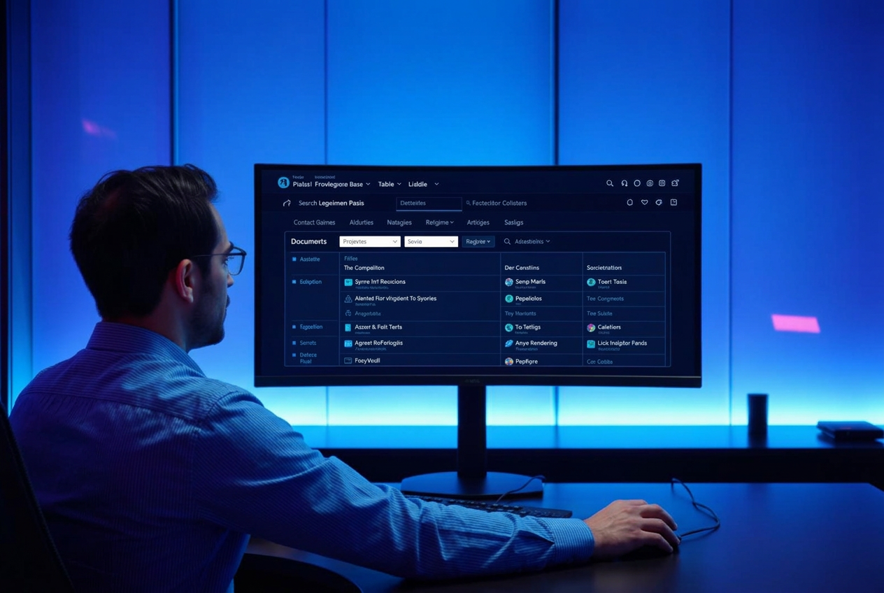 Professionista al desk consulta una Knowledge Base aziendale con ricerca su documenti, filtri e riferimenti alle fonti